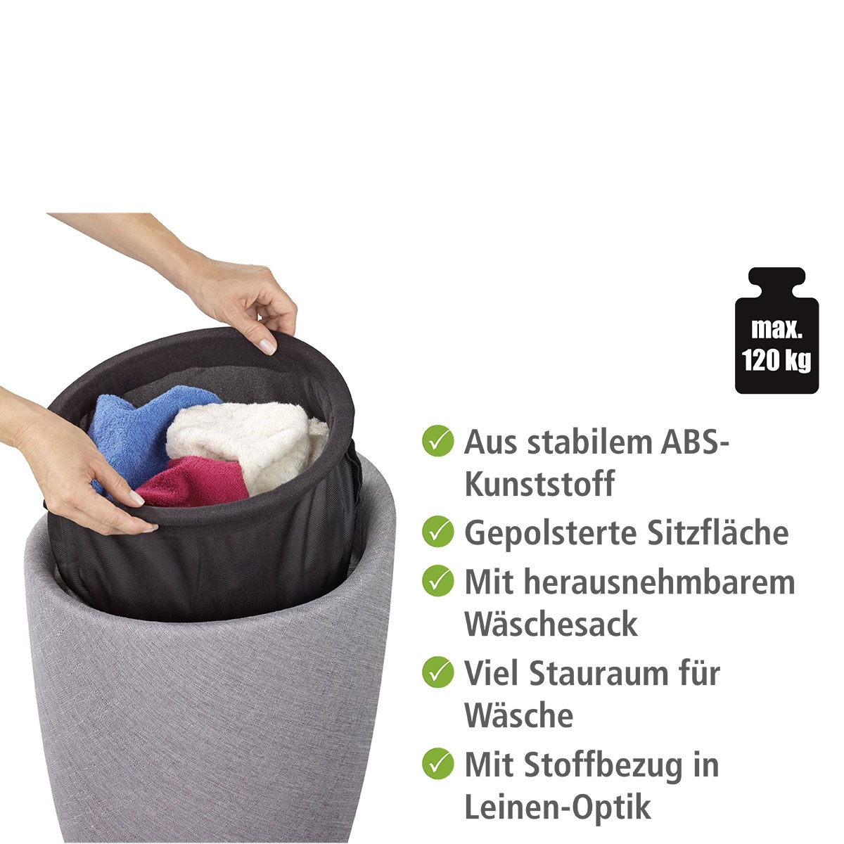 Wenko  Hocker Candy Light Grey Leinenoptik mit Wäschesack Badhocker mit abnehmbarem Wäschesammler Bild 2
