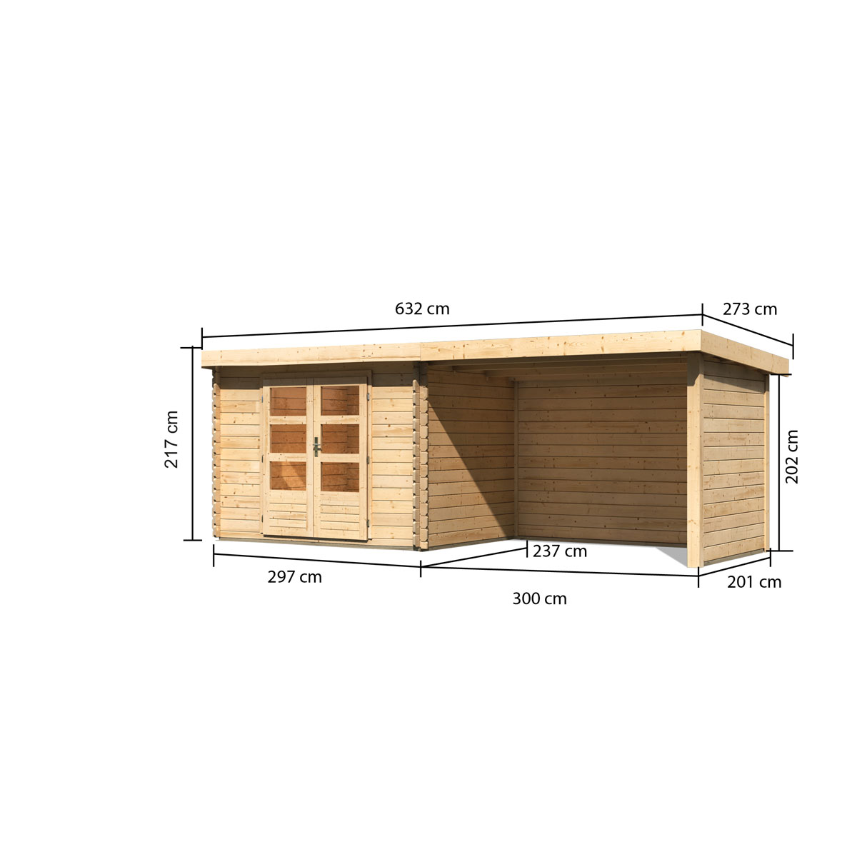 Karibu  Blockbohlenhaus Bastrup 3 naturbelassen mit Anbaudach und Seiten Bild 2