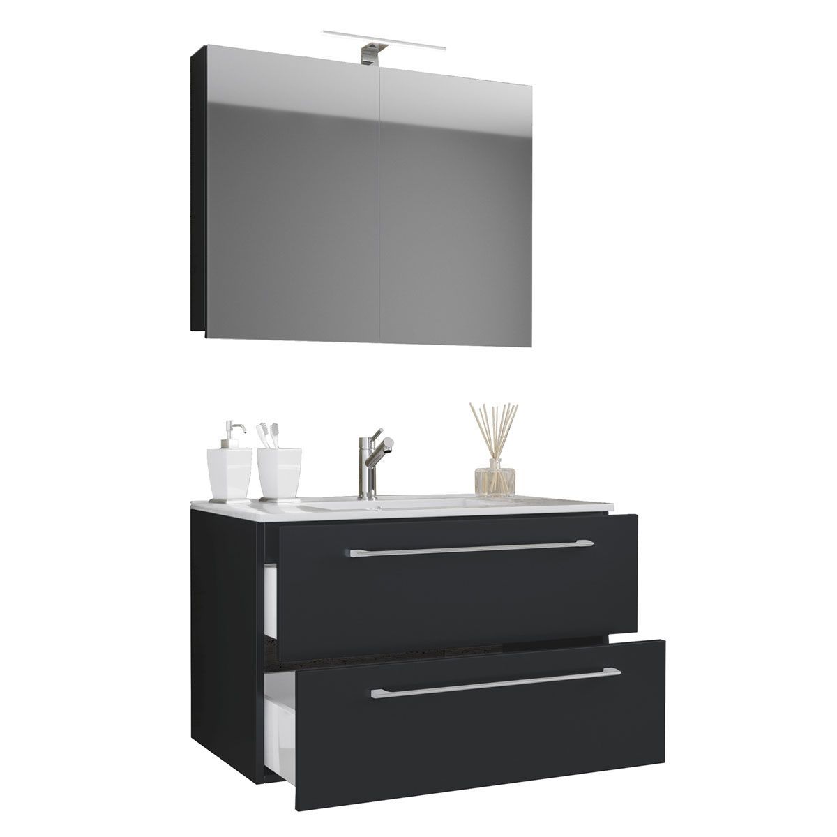 Waschplatz 80 cm 3-teilig 2 Schubfächer mit Spiegelschrank schwarz