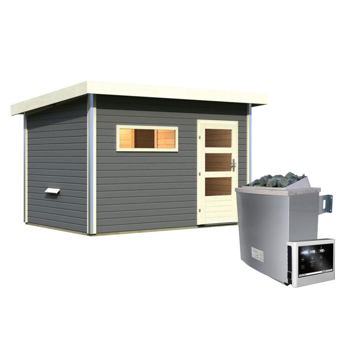 Karibu Saunahaus Skrollan 38 mm 9 kW Ofen externe Strg moderne Tür terragrau Bild 1