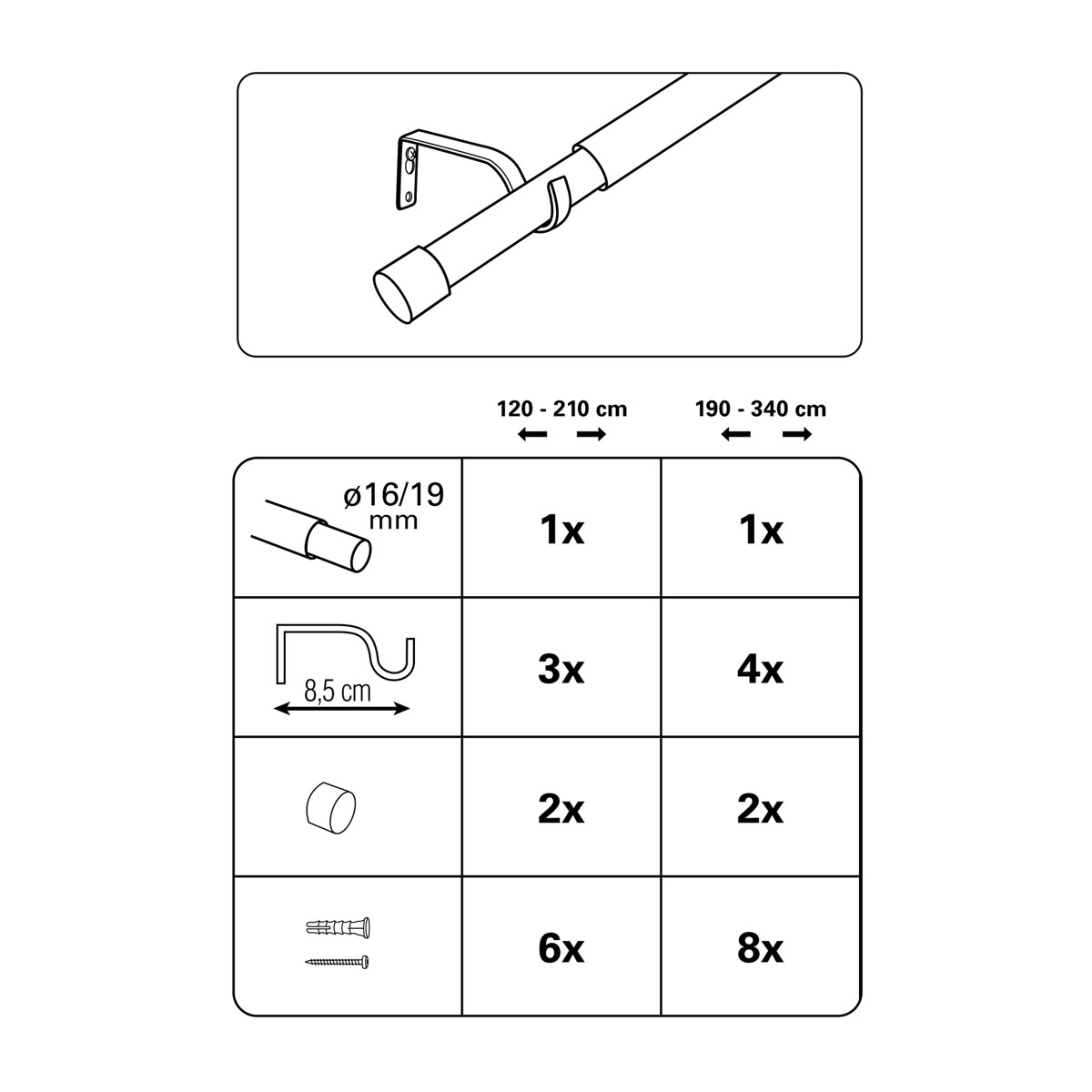 Gardinenstangen Set ausziehbar Durchmesser 16/19 mm 120-210 cm Edelstahl-Optik Bild 3