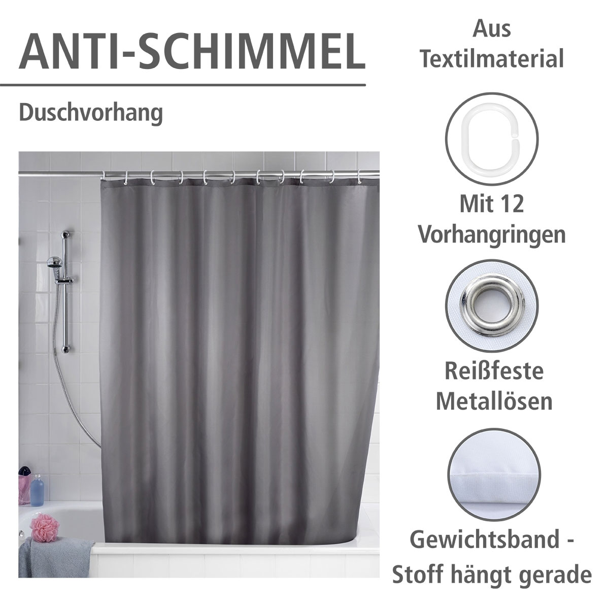 Wenko  Anti-Schimmel Duschvorhang Uni Grey Textil Polyester 180 x 200 cm waschbar Bild 2