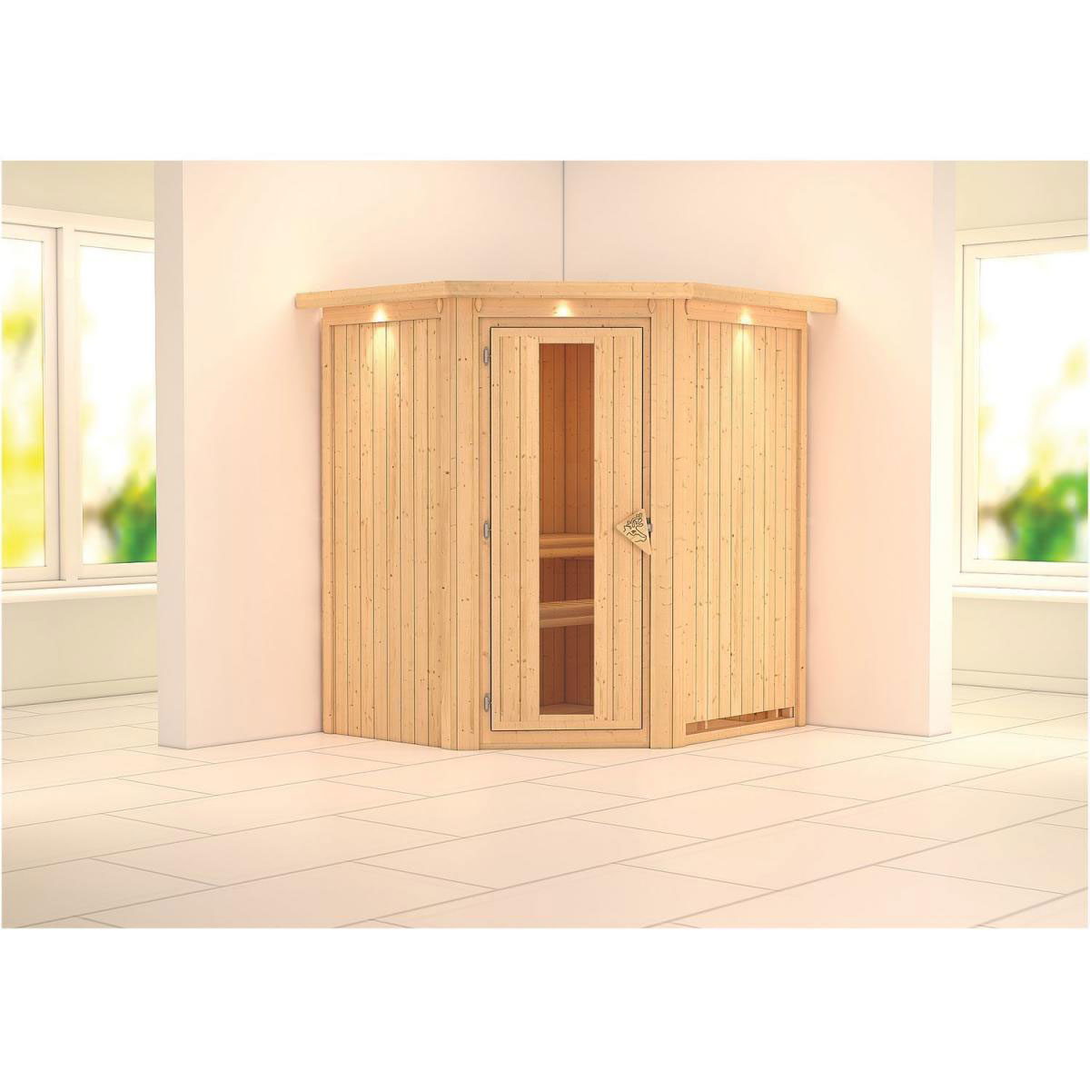 Karibu Sauna Tonja Eckeinstieg ohne Ofen mit Kranz Energiespartür Bild 5