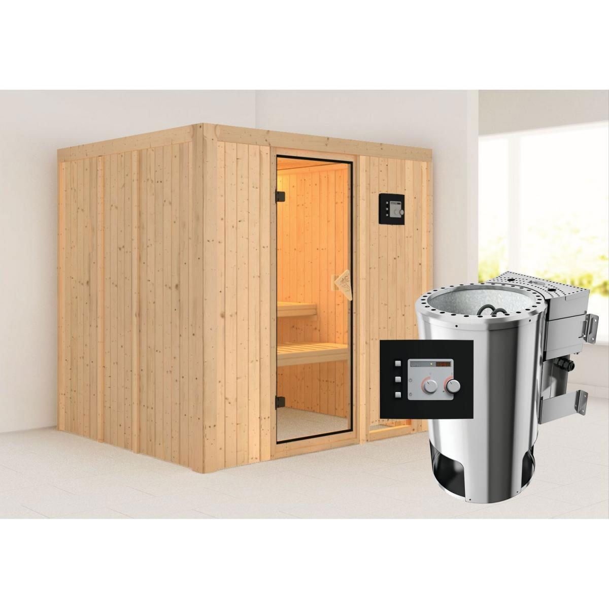 Karibu Systemsauna Daria 68 mm 3,6 kW Ofen Bio externe Strg ohne Dachkranz Bild 1