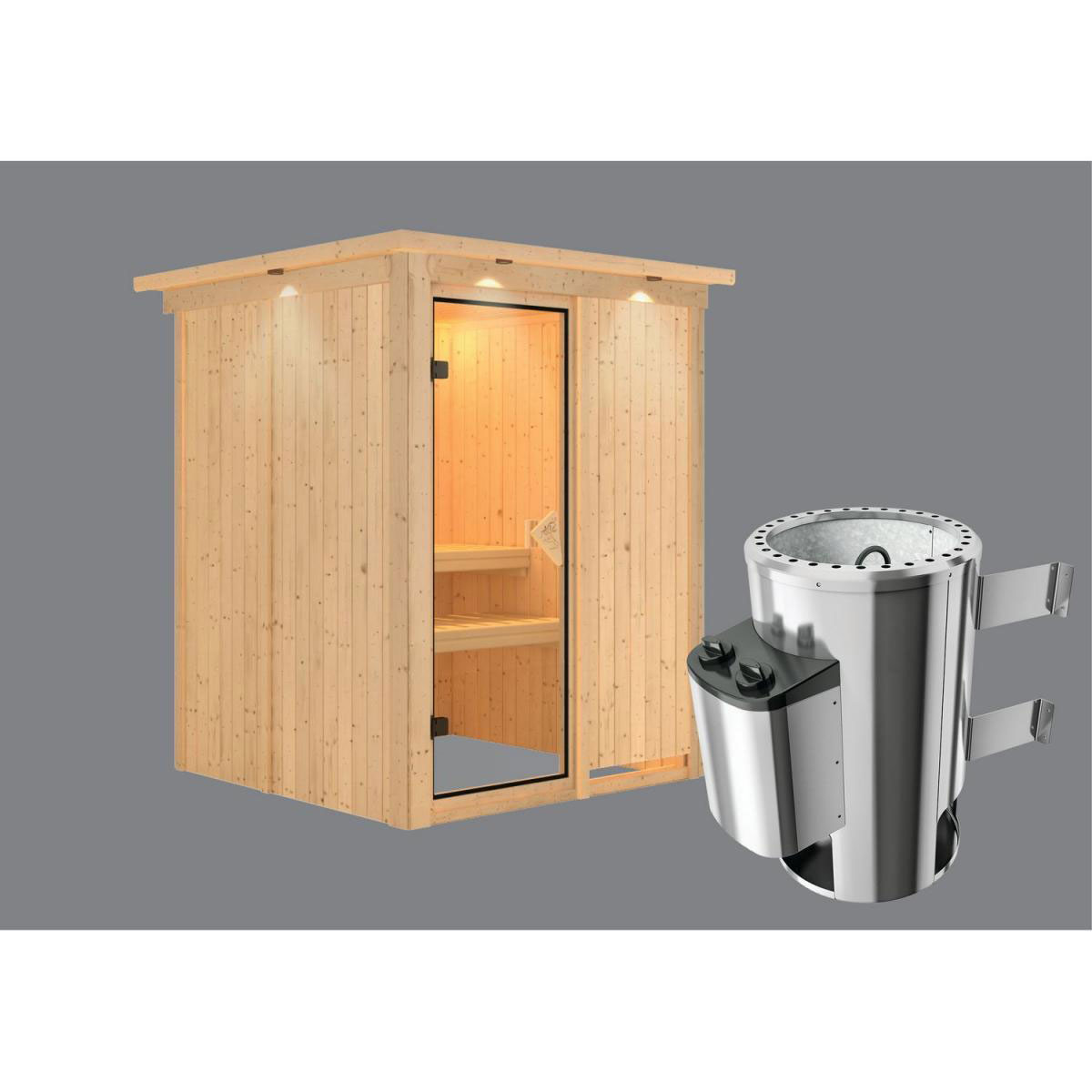 Karibu Systemsauna Minja 68 mm 3,6 kW Ofen integr Strg mit Kranz Bild 2