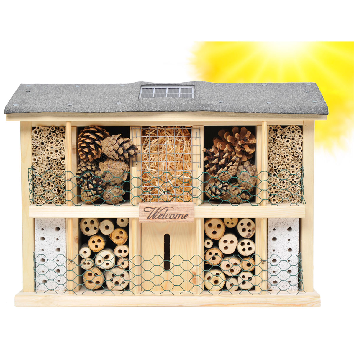 dobar Insektenhotel Landsonne mit Solarzelle 47 x 12,5 x 34 cm grau/beige