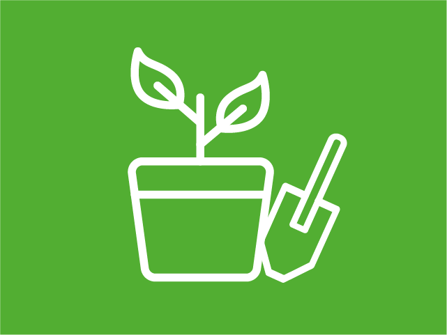 Pflanzentopf Symbol mit Schaufel auf grünem Hintergrund.