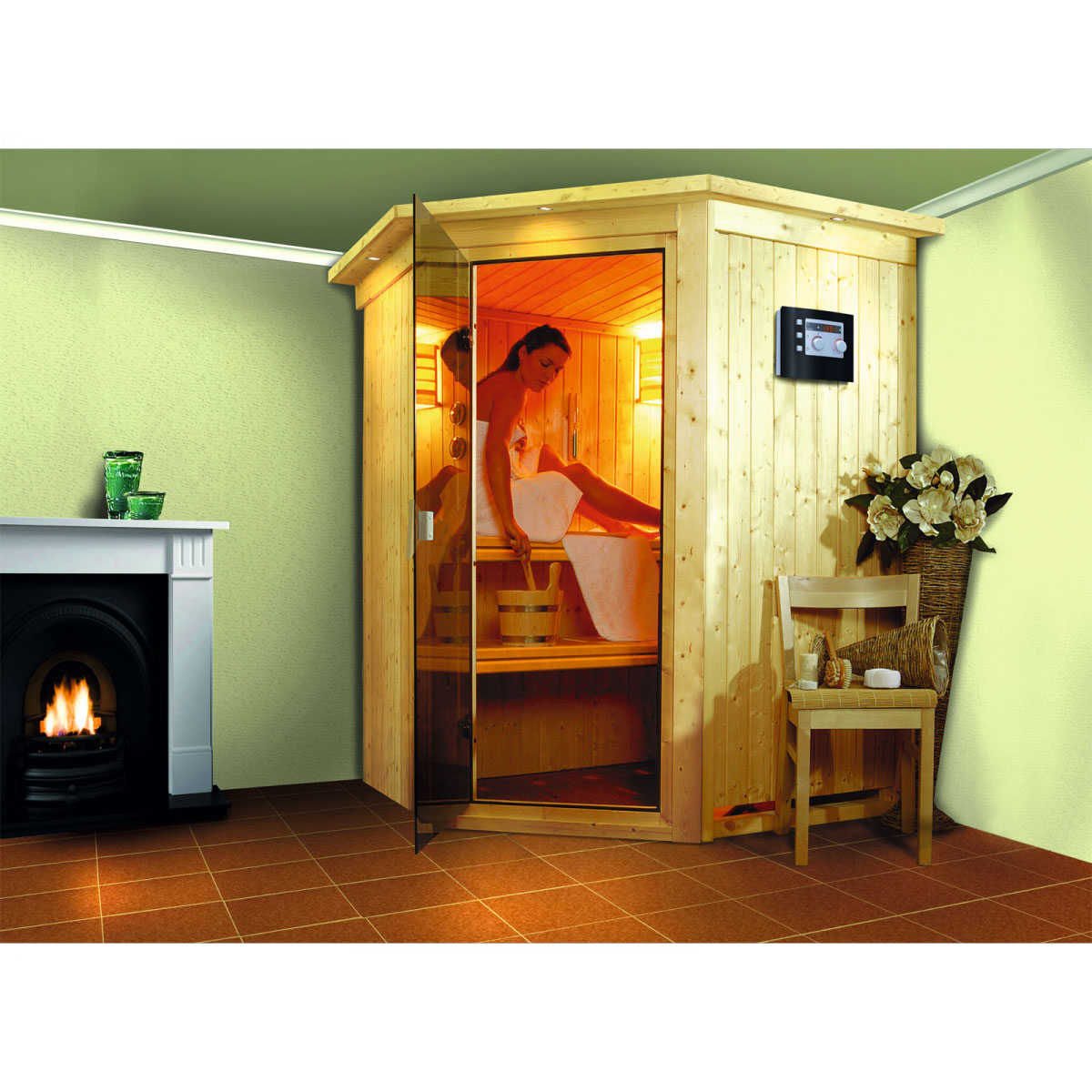 Karibu Systemsauna Nanja 68 mm 3,6 kW Ofen Bio externe Strg mit Kranz
