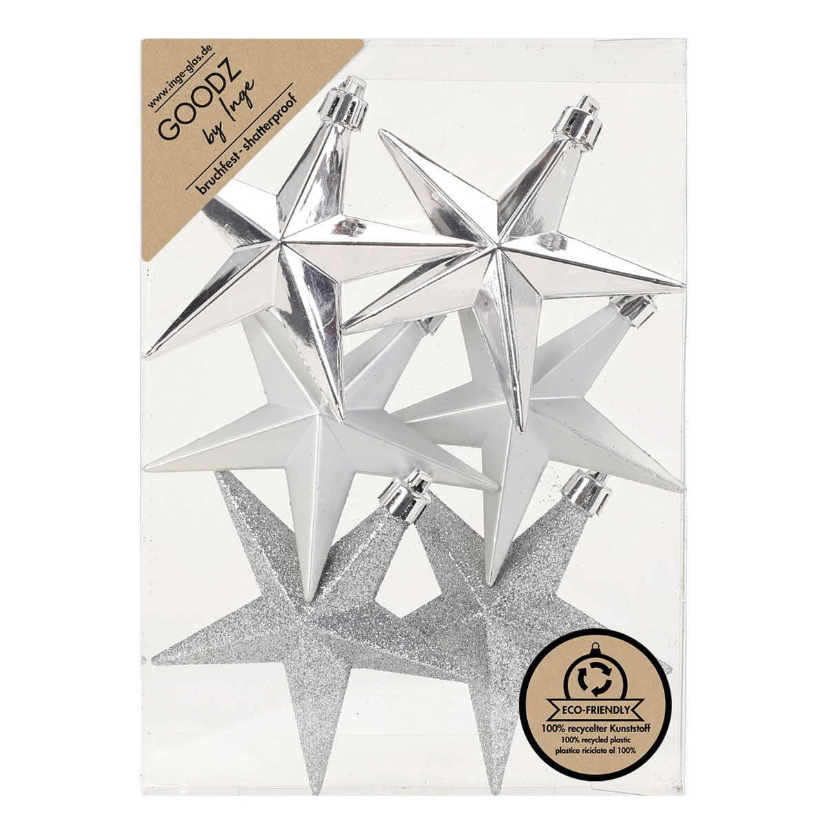 Stern silber Kunststoff 10 cm 6 Stk Silber-Mix