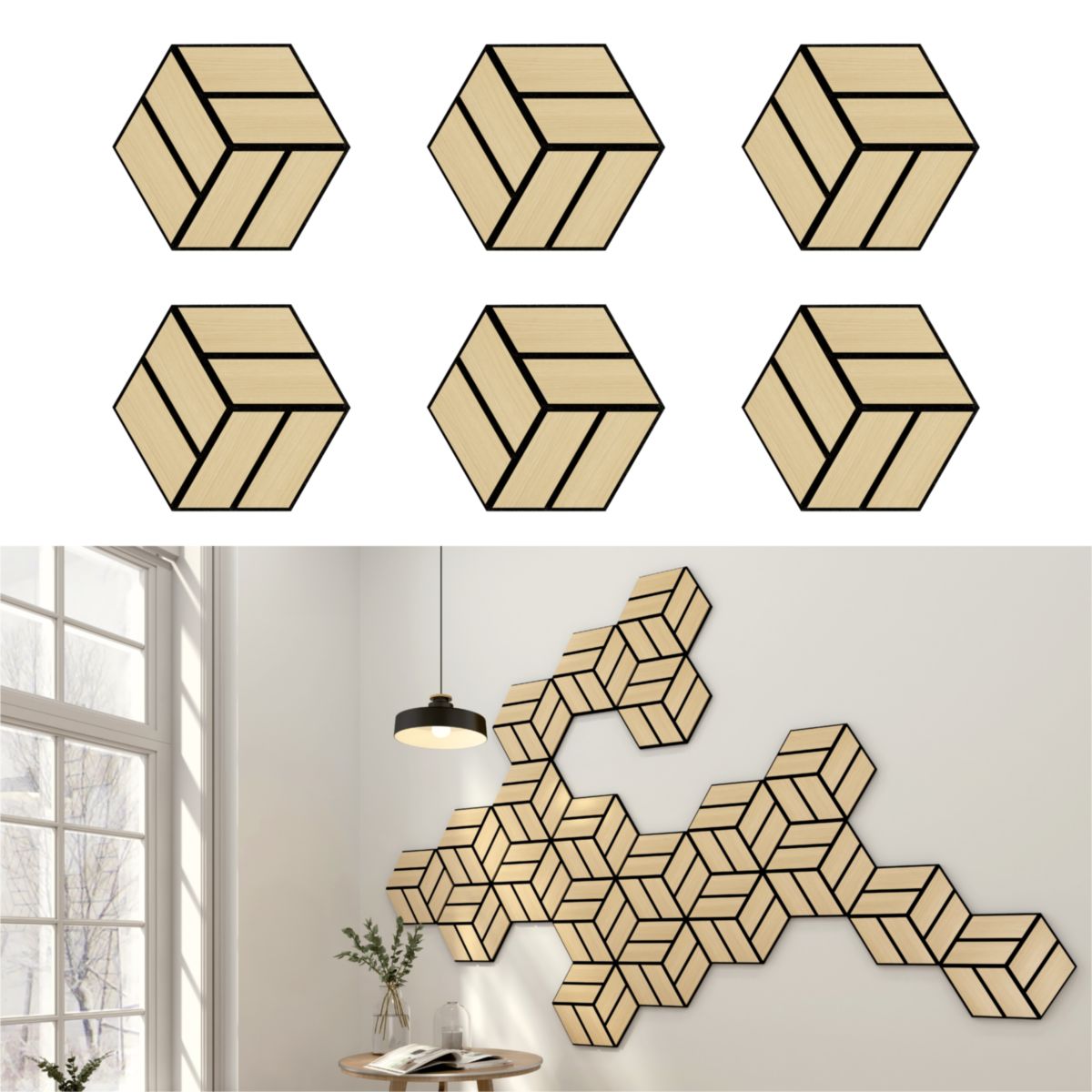6er Set Hexagon Akustikpaneele Echtholzoberfläche Eicheoptik