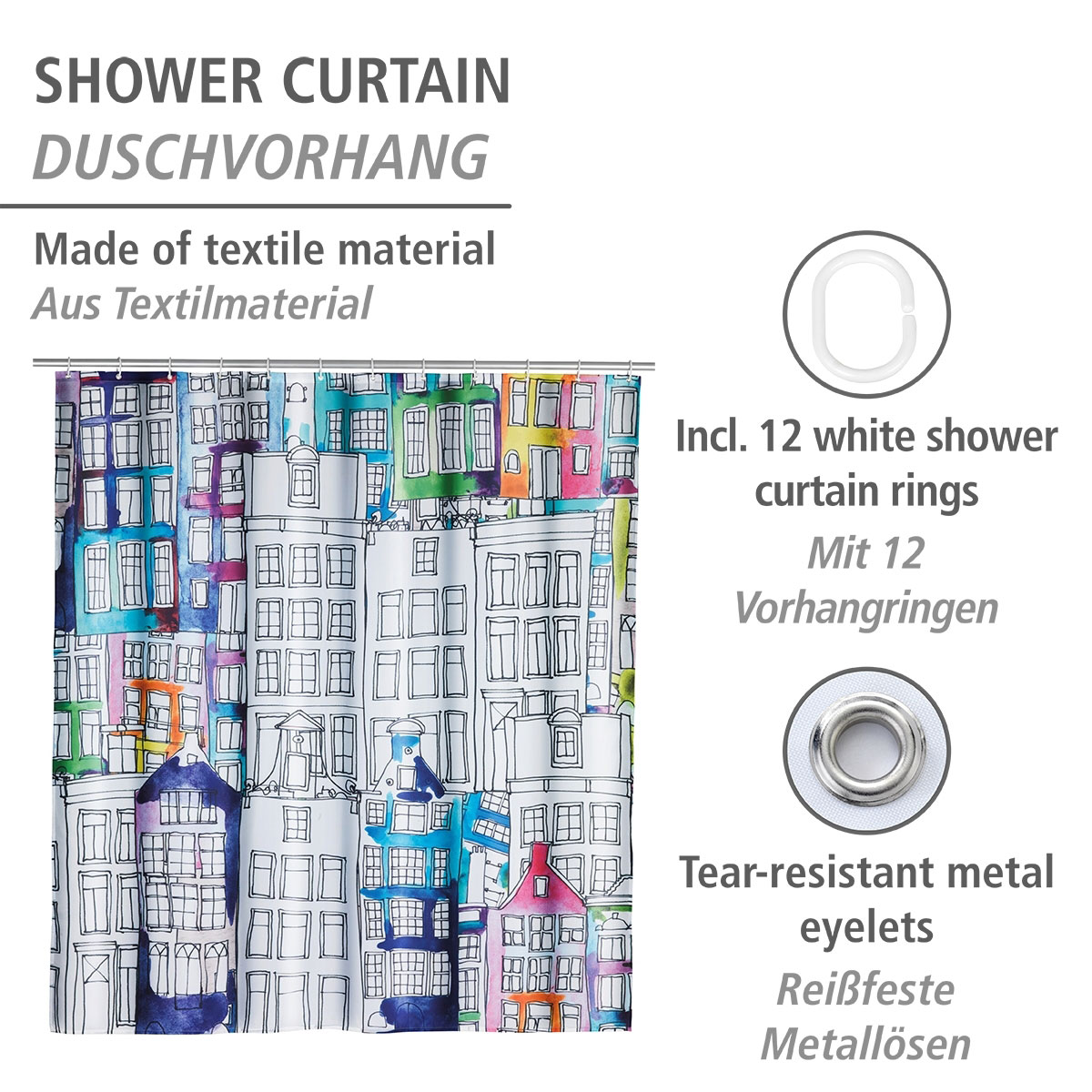 Wenko  Duschvorhang Sunny City Textil Polyester 180 x 200 cm waschbar Bild 2