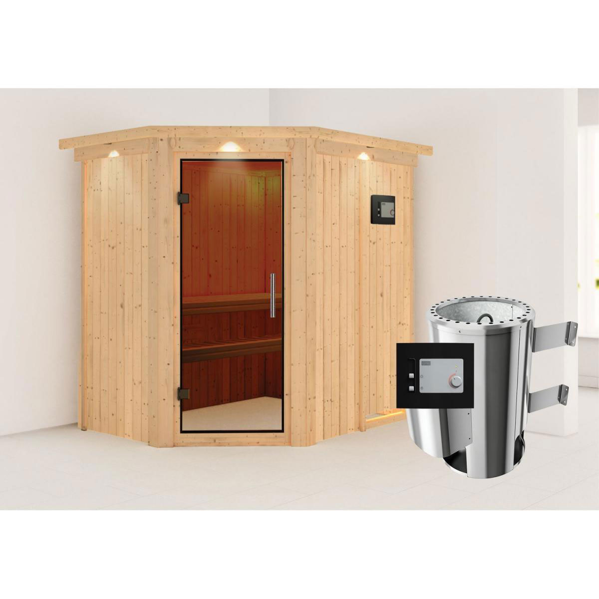 Karibu Sauna Saja Eckeinstieg 3,6 kW Ofen externe Strg modern mit Kranz graphitfarbene Glastür Bild 7