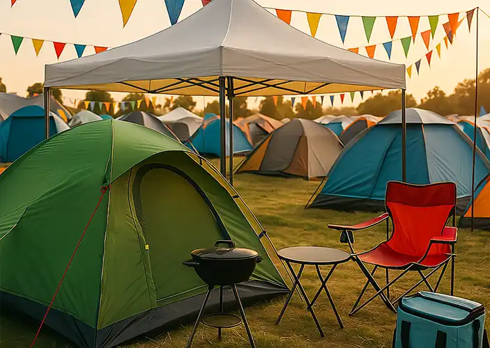 Festivalplatz mit Zelt, Pavillion, Grill und Campingstuhl quadratisch