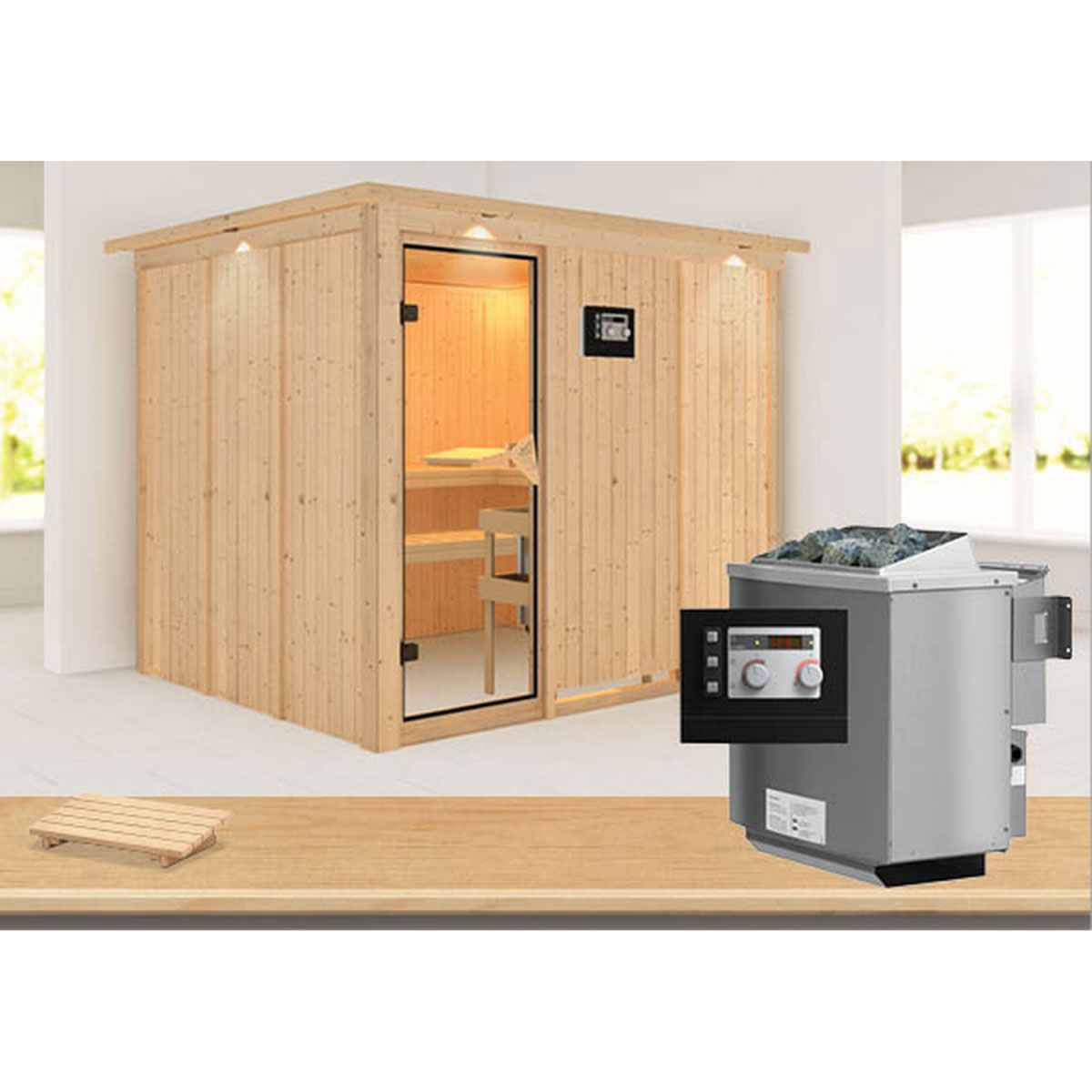 Karibu Gobin Fronteinstieg 9 kW Ofen Bio externe Strg mit Kranz bronzierte Tür Bild 2