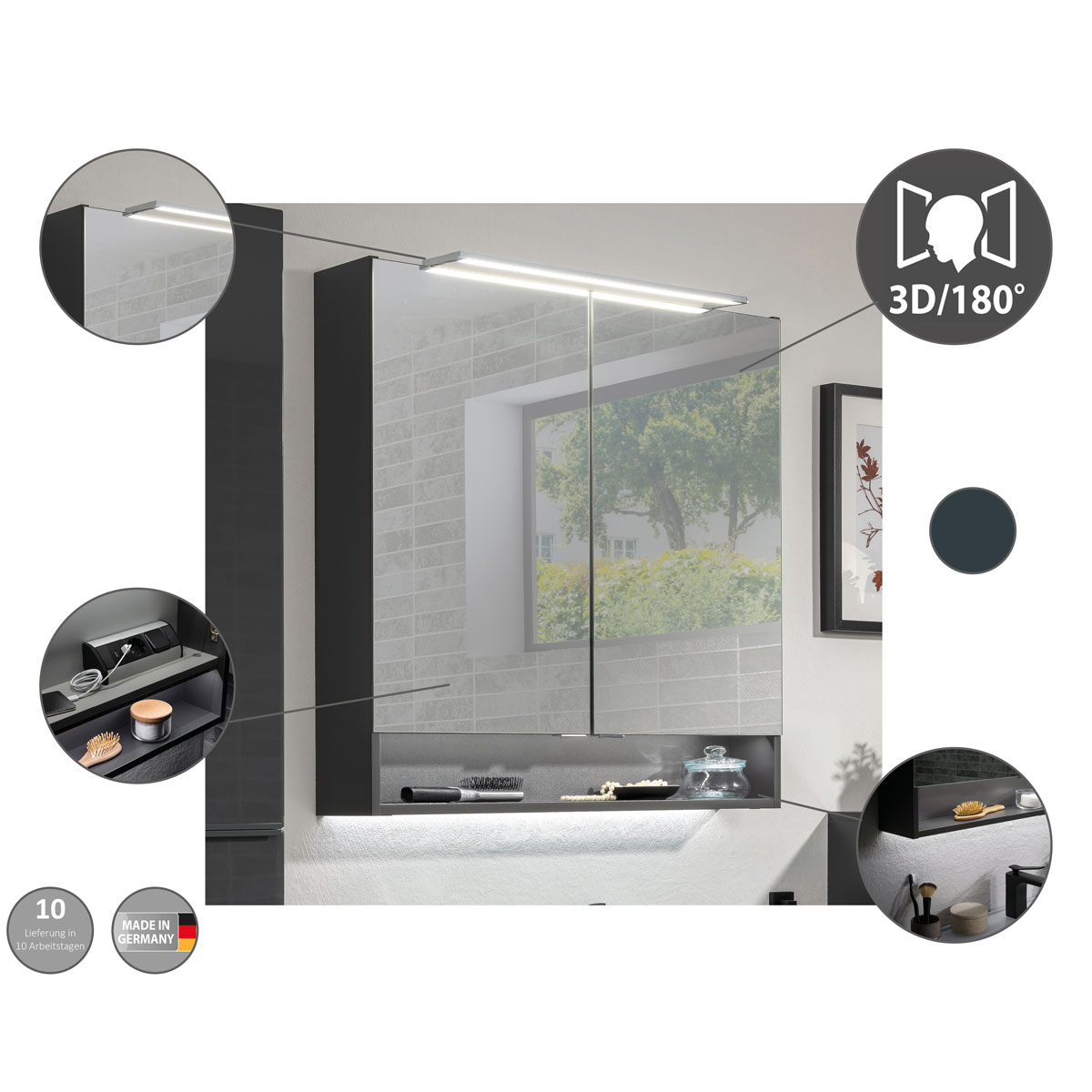 Fackelmann  Spiegelschrank LUNA 800 x 793 x 153 mm anthrazit Bild 3