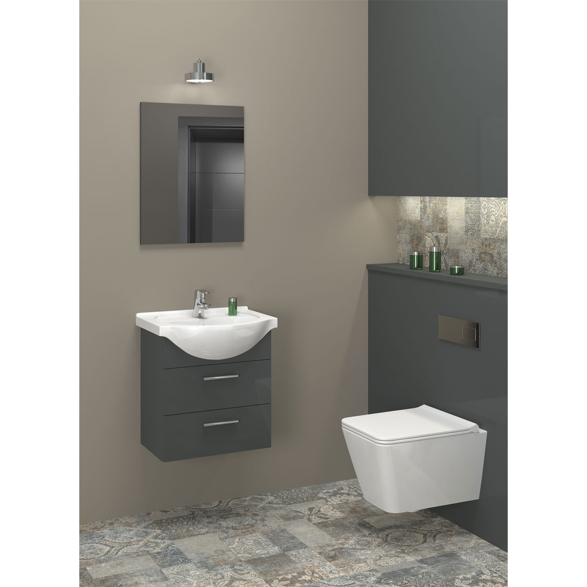 Gäste Waschbeckenunterschrank Mika, anthrazit, inkl. Keramikbecken, 2 Auszüge, B51cm