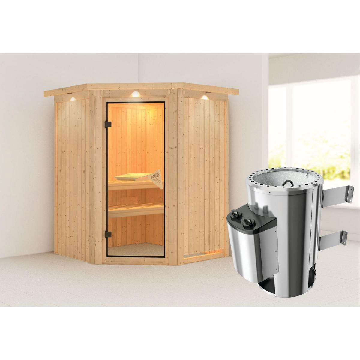 Karibu Systemsauna Nanja 68 mm 3,6 kW Ofen integr Strg mit Kranz Bild 1
