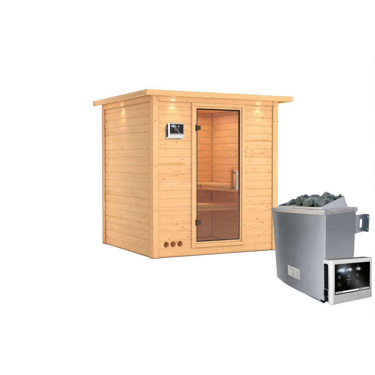 Karibu Sauna Mojave Fronteinstieg 9 kW Ofen externe Strg mit Kranz Klarglas-Tür Bild 1