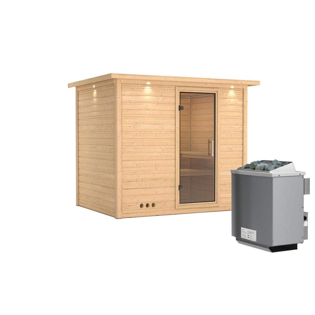 Karibu Sauna Sonara Fronteinstieg 9 kW Ofen integr Strg mit Kranz Klarglas-Tür Bild 1