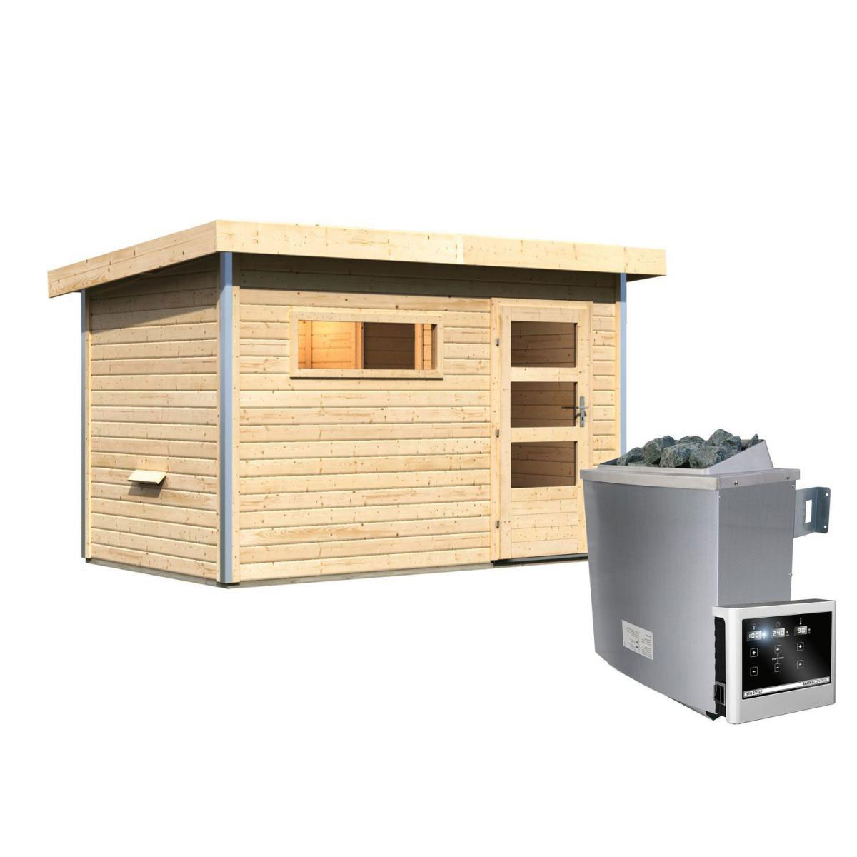 Karibu Saunahaus Skrollan 1 38 mm 9 kW Ofen externe Strg moderne Tür Bild 1