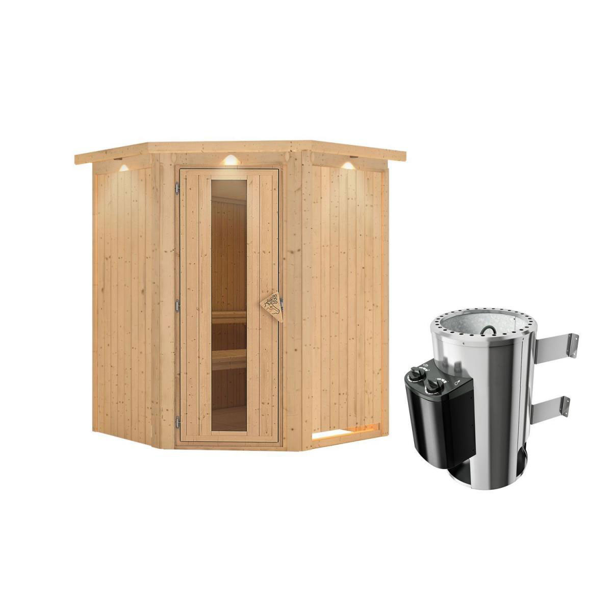 Karibu Sauna Nanja Eckeinstieg 3,6 kW Ofen integr Strg mit Kranz Energiespartür Bild 1