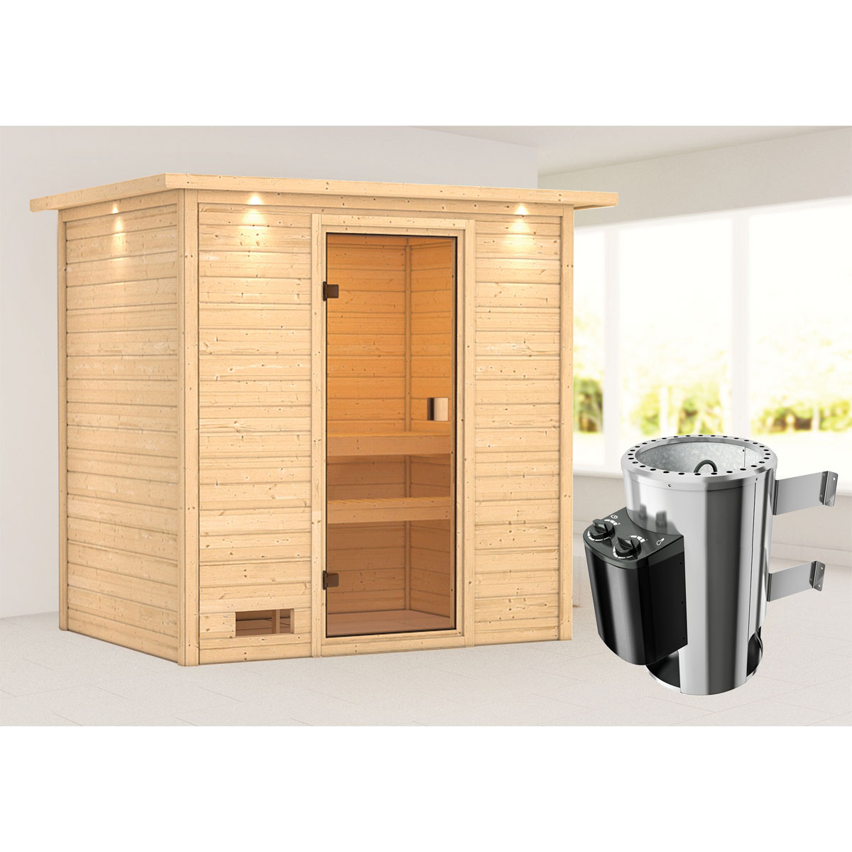 Karibu Sauna Selena 3,6 kW mit Kranz naturbelassen integrierte Steuerung Bild 1