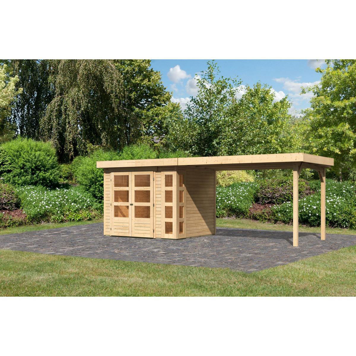 Karibu Gartenhaus-Set Kerko 3 mit Anbaudach 2,8 m naturbelassen Bild 1