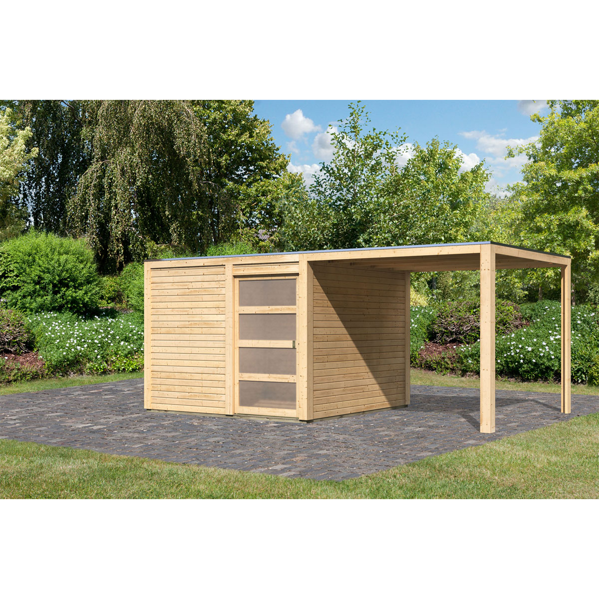 Karibu Gartenhaus Qubic 2 mit Anbaudach naturbelassen Bild 1