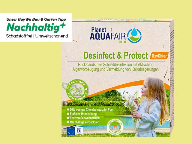 Die Produktverpackung des Artikels "Desinfect & Protect Oxypure" von der Marke Planet Aquafair.