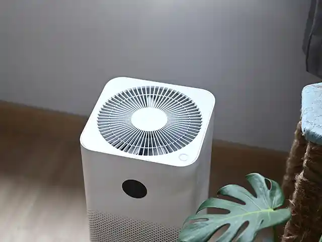 Ein Luftreiniger steht in einem Raum neben einer Pflanze auf einem Holzboden.