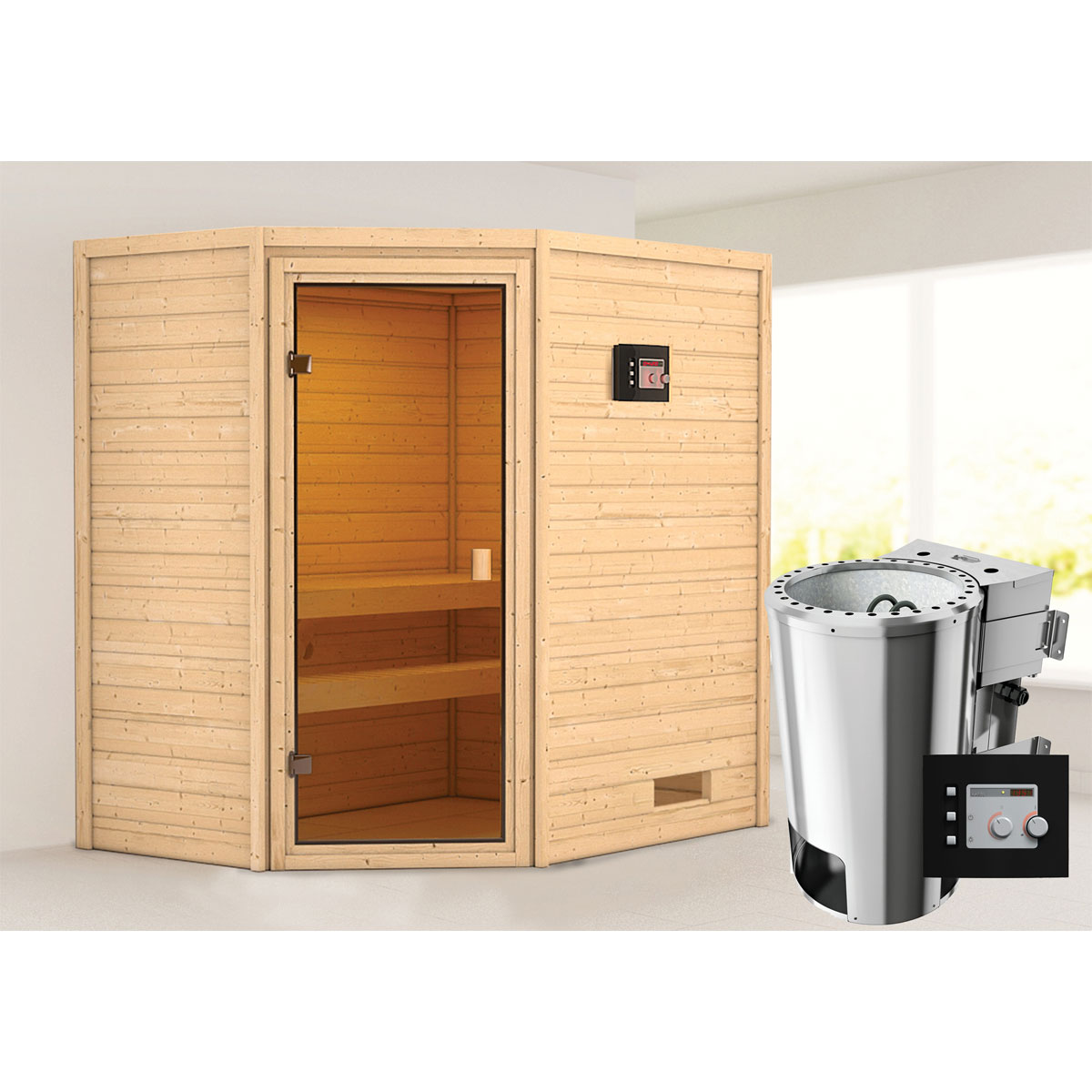 Karibu Sauna Jella 3,6 kW naturbelassen Bio externe Steuerung ohne Dachkranz Bild 1