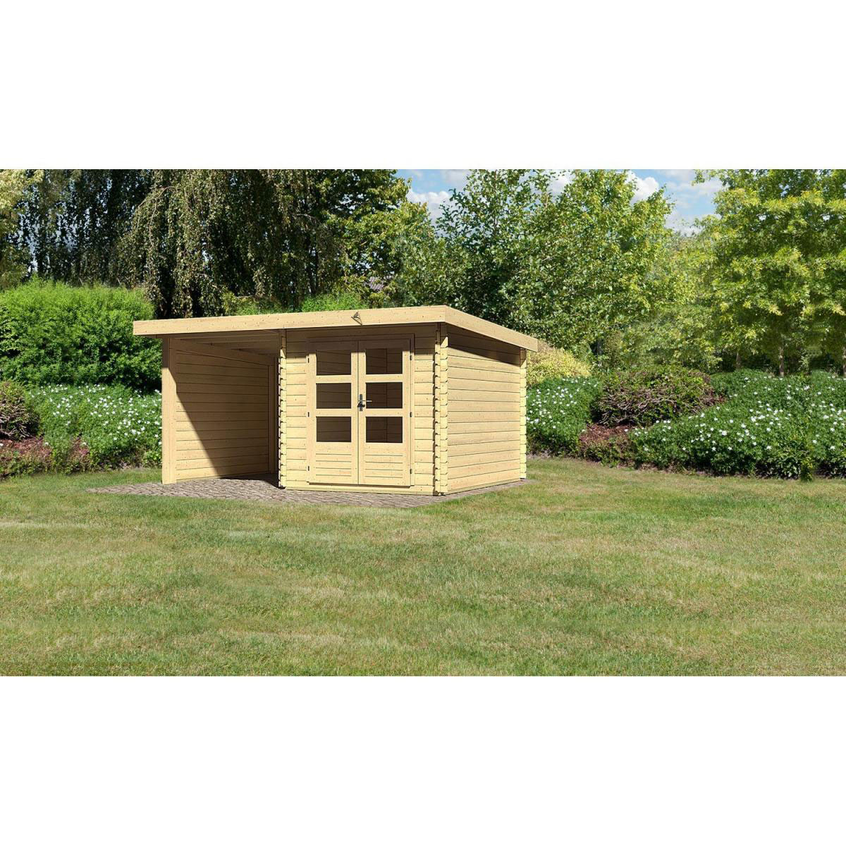 Karibu Gartenhaus Bastrup mit Schleppdach 200 cm und Seiten-/Rückwand naturbelassen 297 x 297 x 222 cm Bild 1