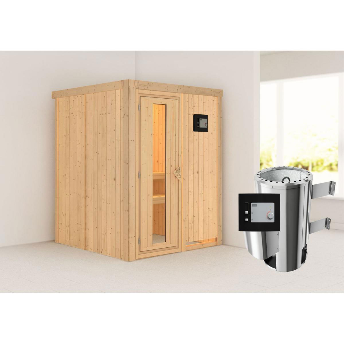Karibu Sauna Minja Fronteinstieg 3,6 kW Ofen externe Strg modern kein Kranz Energiespartür Bild 6