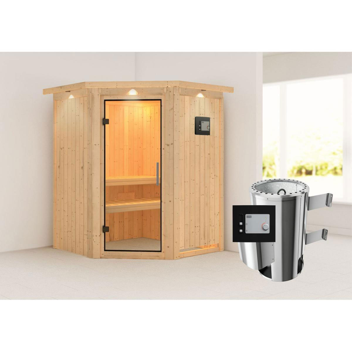 Karibu Sauna Nanja Eckeinstieg 3,6 kW Ofen externe Strg modern mit Kranz Klarglas-Tür Bild 7