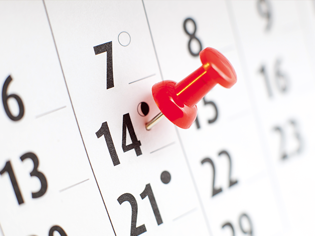 Eine rote Reißzwecke steckt im Kalender auf dem Tag 14.