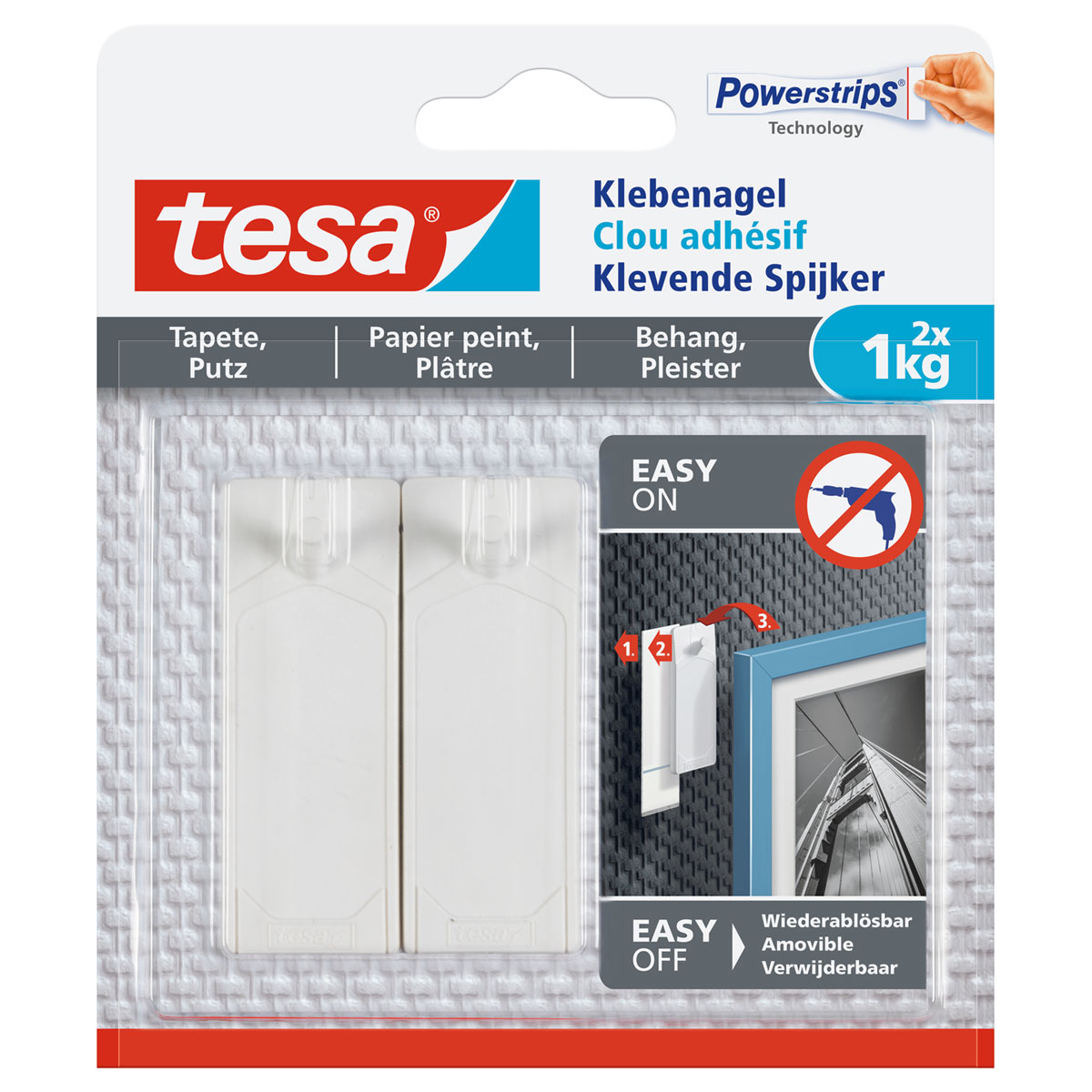Tesa Klebenagel für Tapete und Putz 2 Stück Traglast 2 x 1 kg