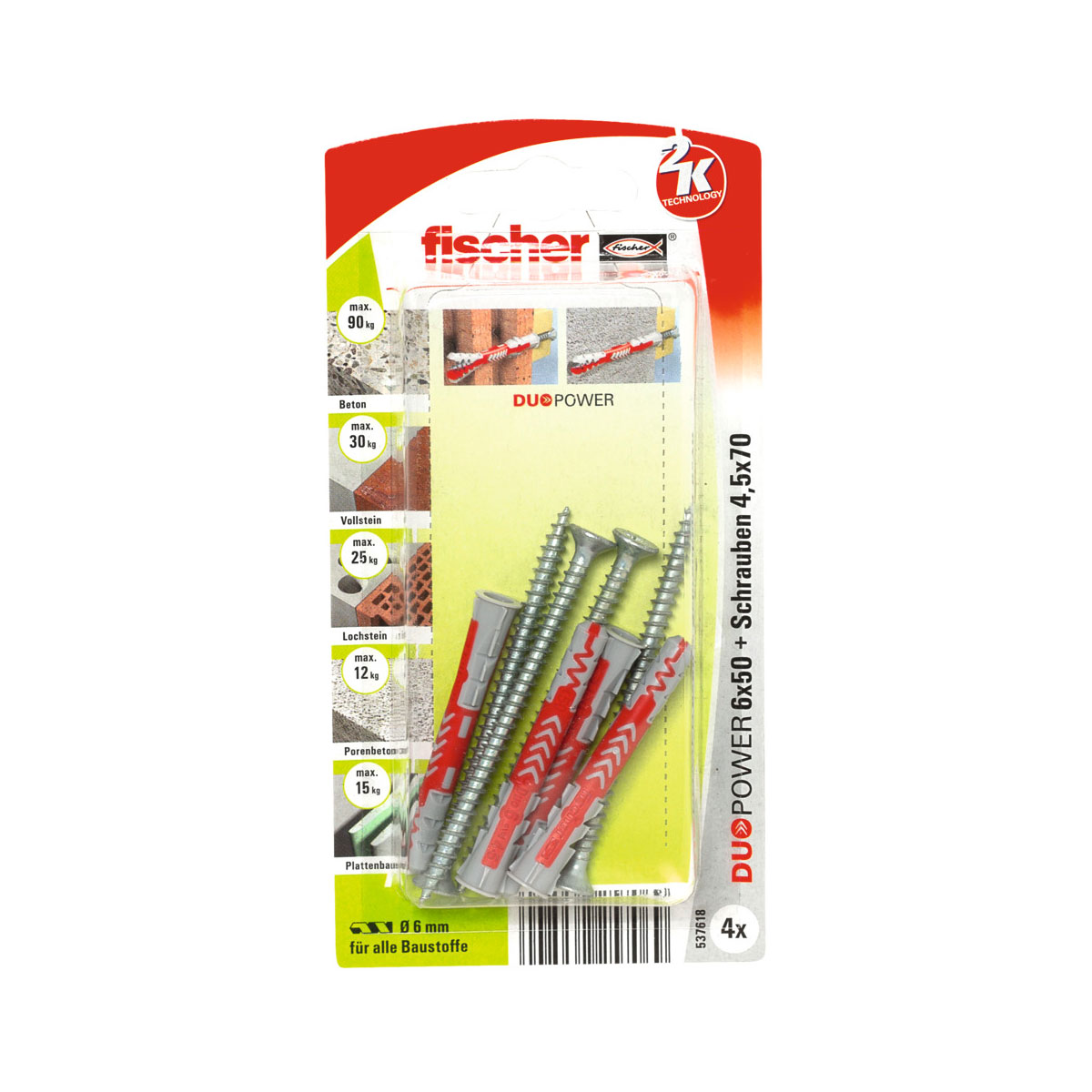 Fischer  Dübel DuoPower 6 x 50 mm mit Schraube 4 Stück