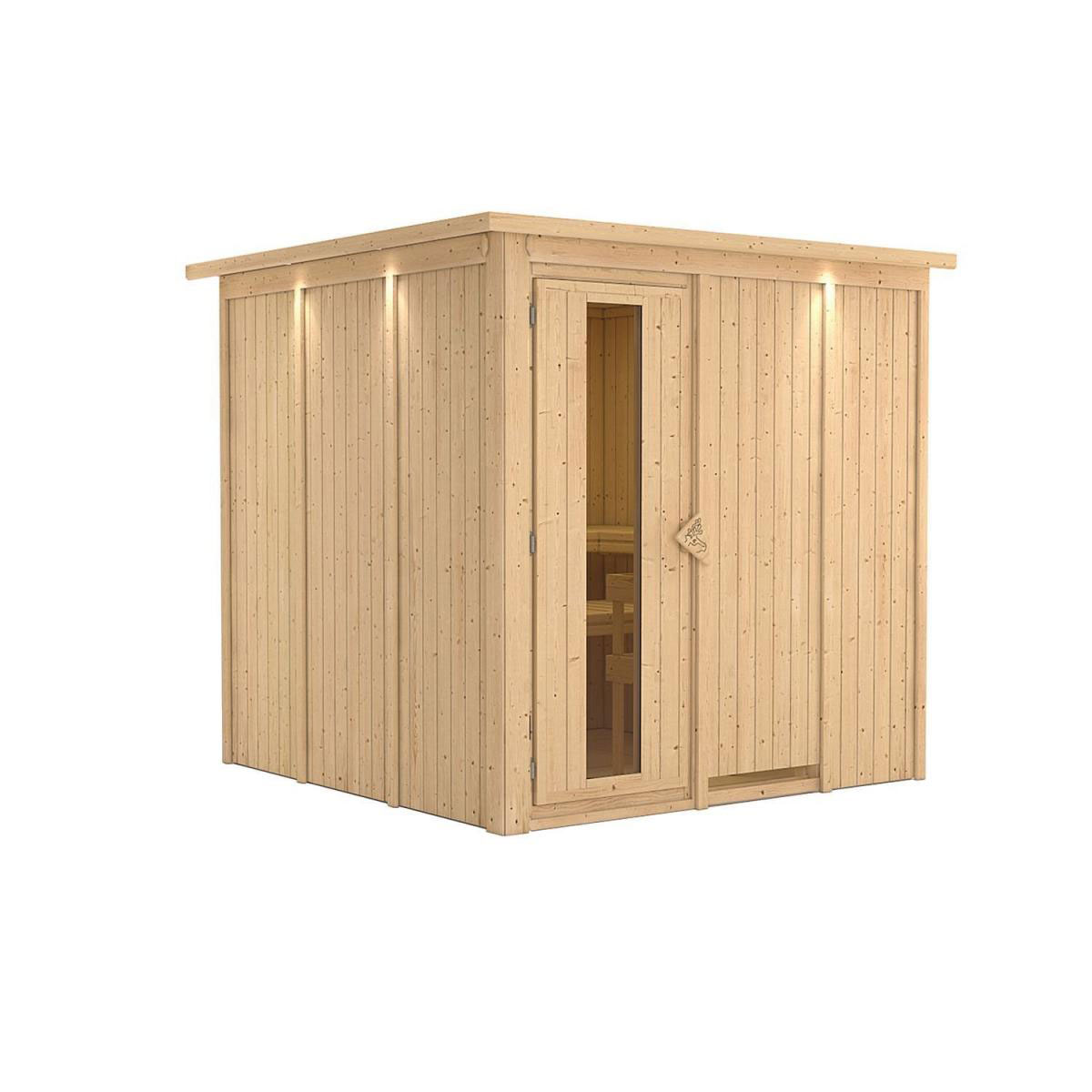 Karibu Sauna Rodin Fronteinstieg ohne Ofen Tür gedämmt mit Kranz Bild 2