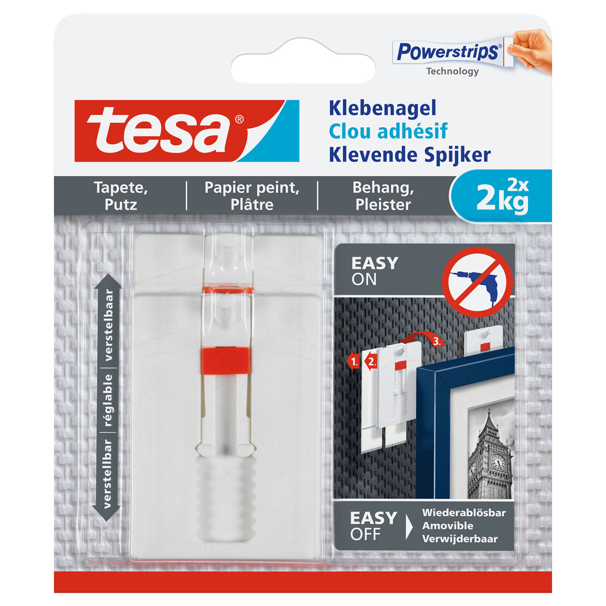 Tesa Klebenagel für Tapete und Putz verstellbar 2 Stück Traglast 2 x 2 kg