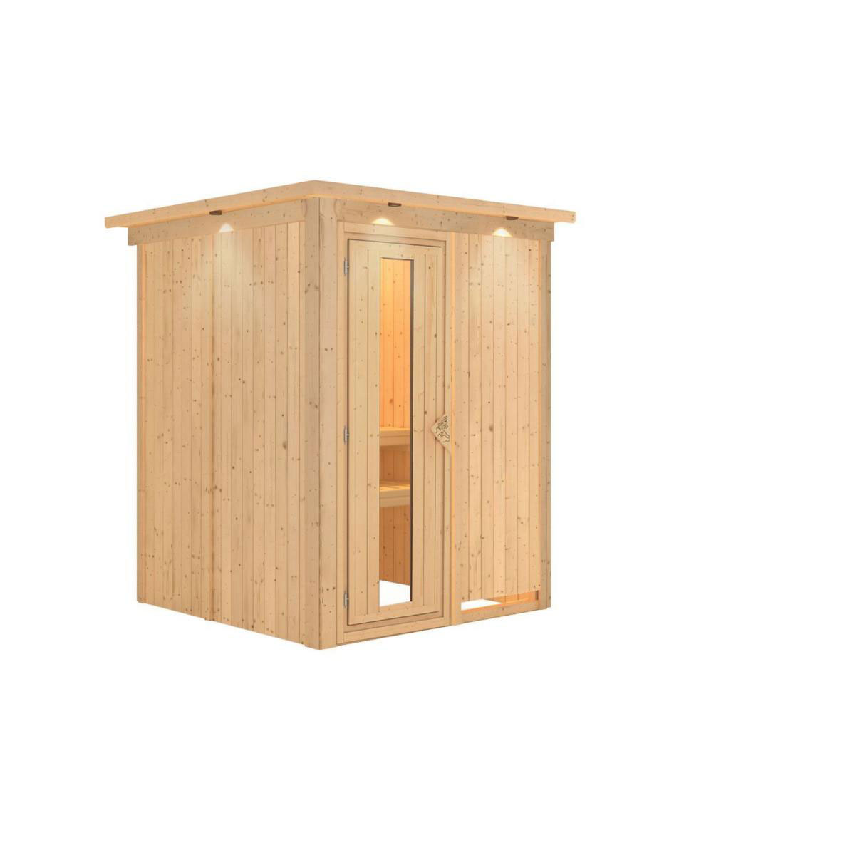 Karibu Sauna Minja Fronteinstieg ohne Ofen mit Kranz Energiespartür Bild 1