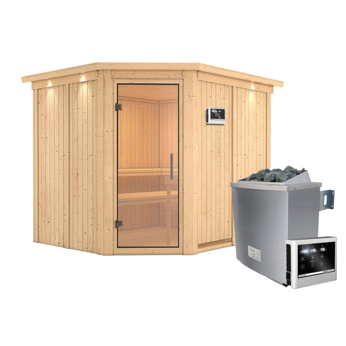 Karibu Sauna Malin Eckeinstieg 9 kW Ofen externe Strg mit Kranz Klarglas-Tür Bild 12