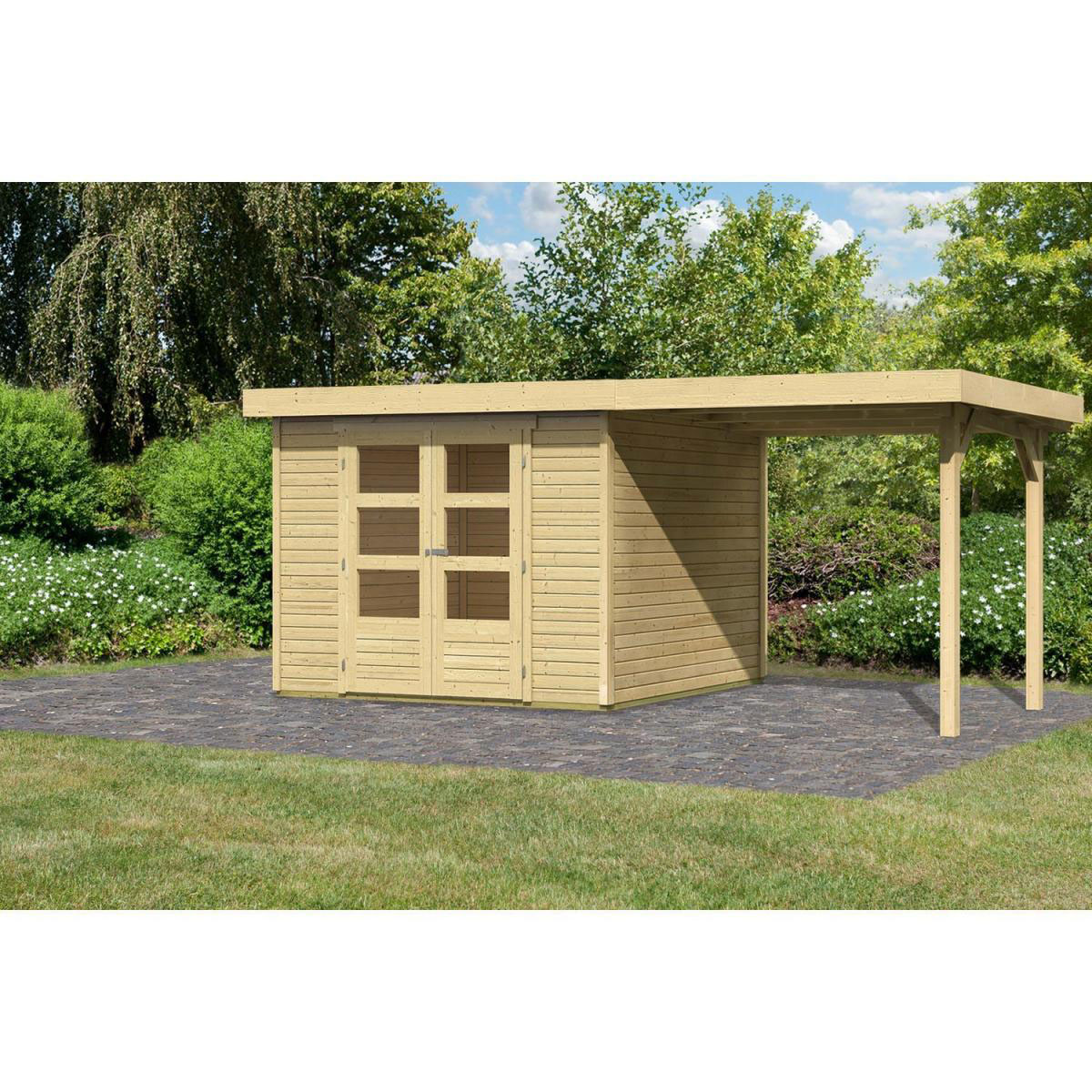 Karibu Gartenhaus Askola mit Anbaudach 225 cm naturbelassen 302 x 217 x 211 cm Bild 1
