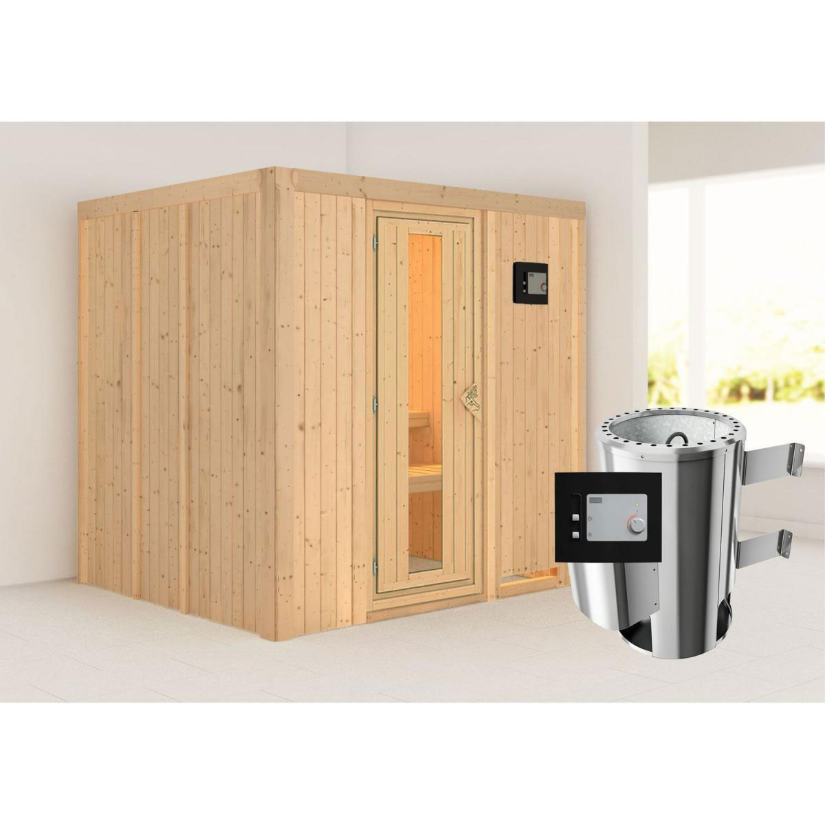 Karibu Sauna Daria Fronteinstieg 3,6 kW Ofen externe Strg modern kein Kranz Energiespartür Bild 6