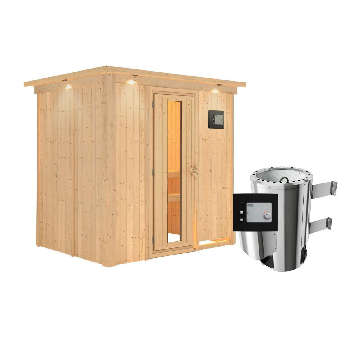 Karibu Sauna Fanja Fronteinstieg 3,6 kW Ofen externe Strg mit Kranz Energiespartür Bild 1
