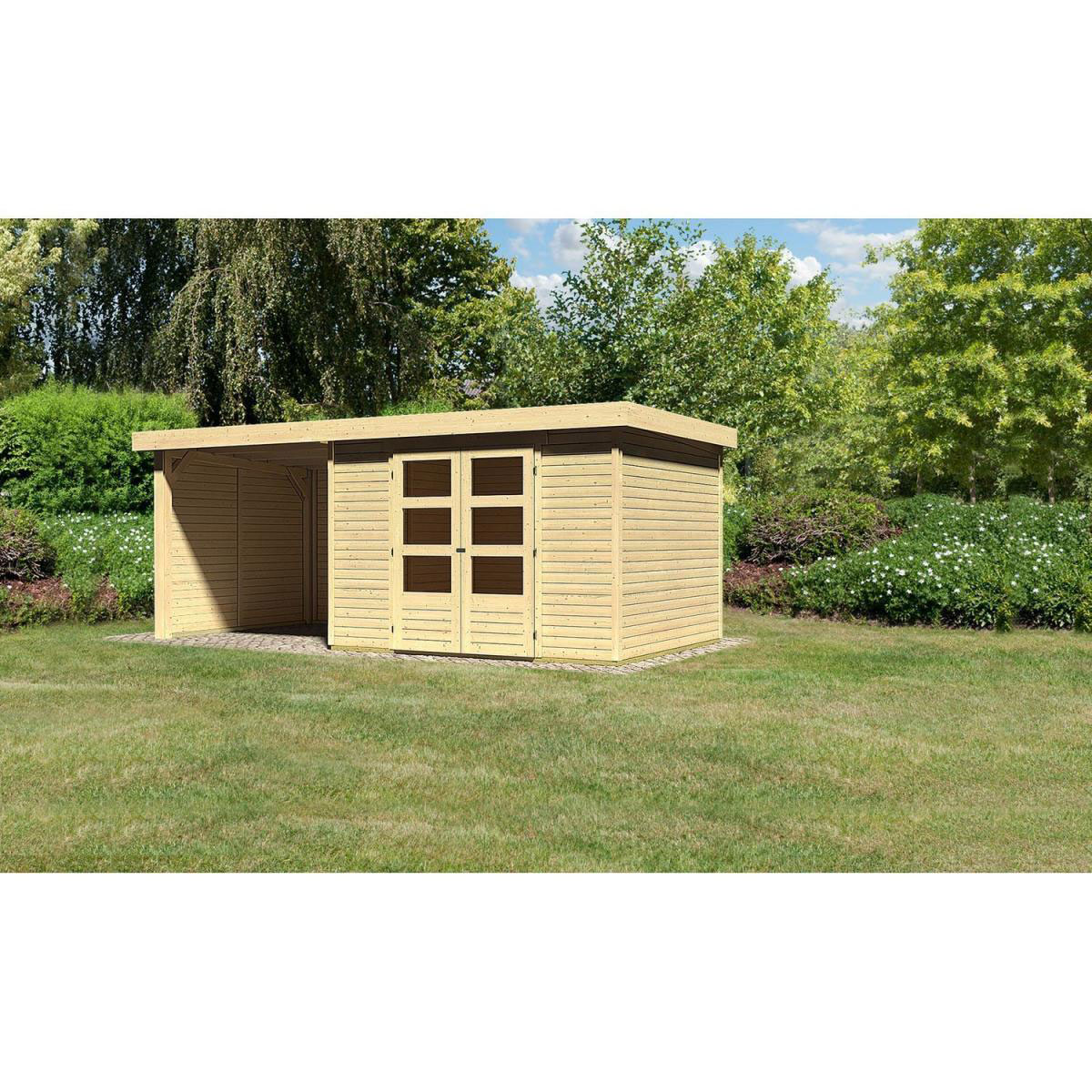 Karibu Gartenhaus Askola mit Anbaudach 225 cm und Seiten-/Rückwand naturbelassen 302 x 246 x 211 cm