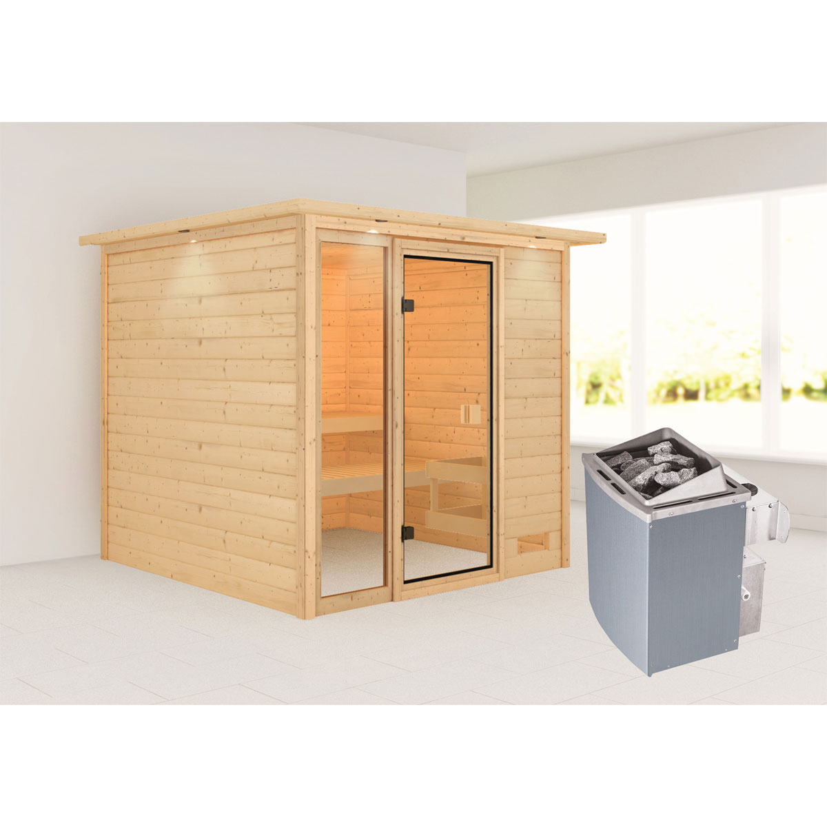 Karibu Sauna Jutta mit Kranz naturbelassen integrierte Steuerung Bild 1