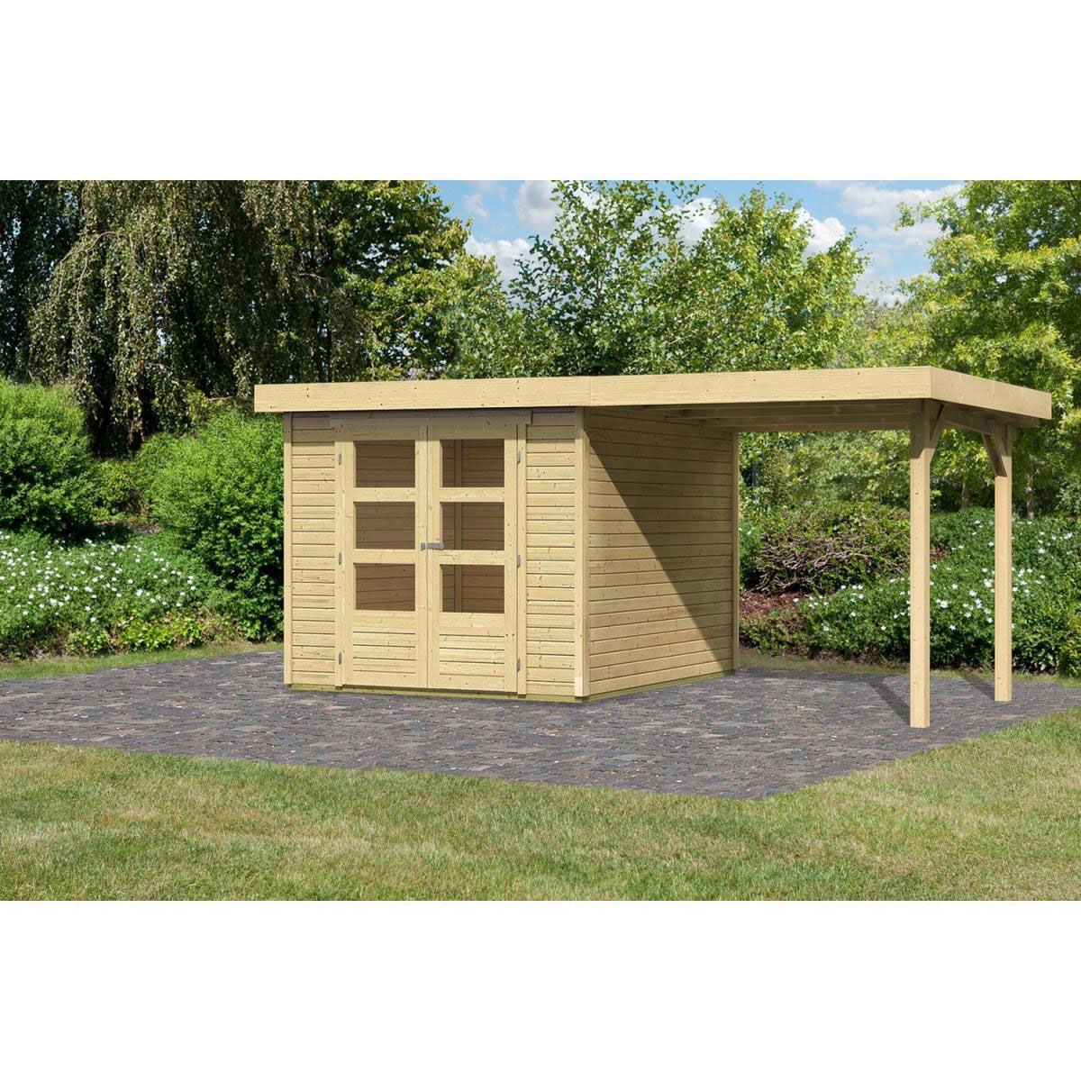 Karibu Gartenhaus Askola mit Anbaudach 225 cm naturbelassen 462 x 217 x 211 cm Bild 1