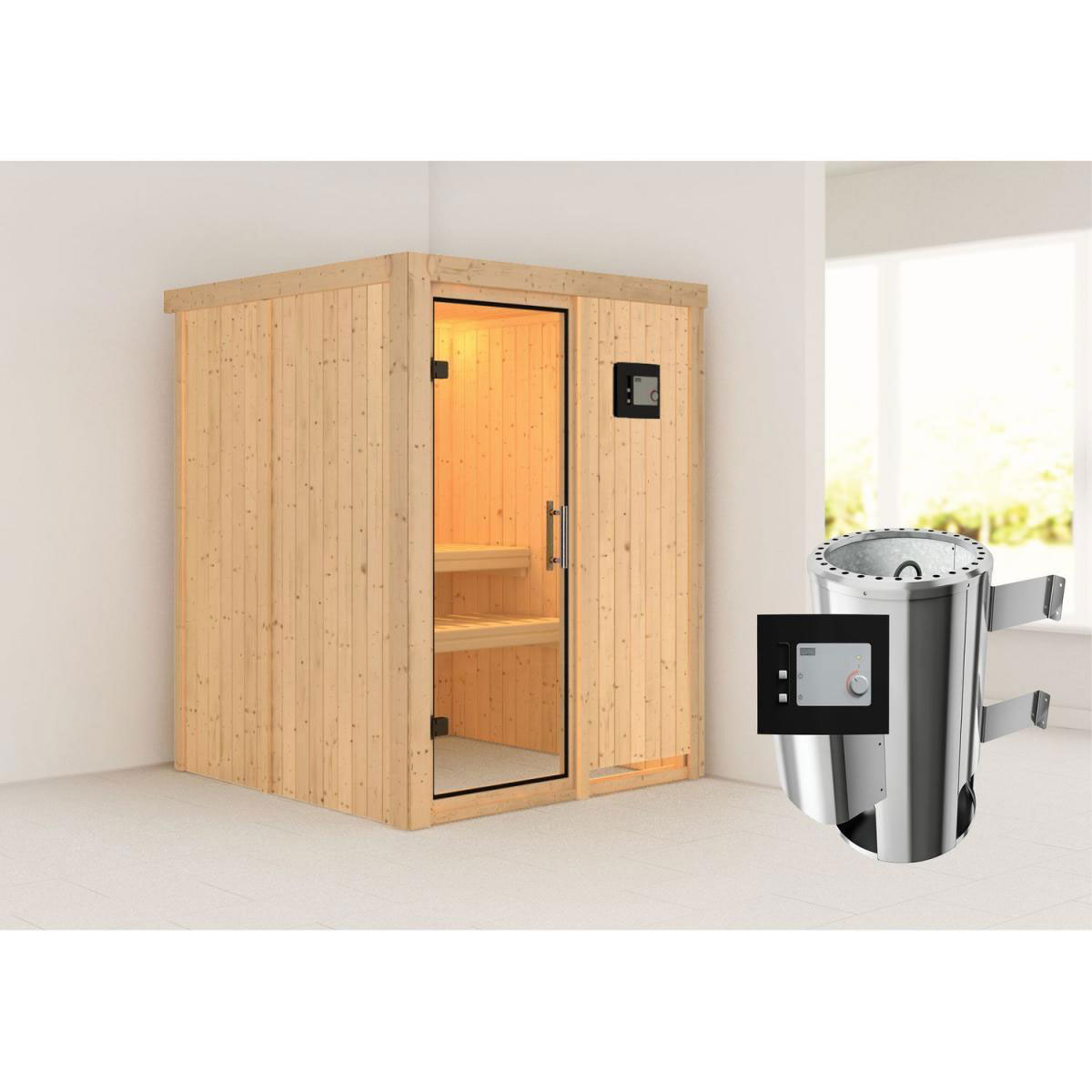 Karibu Sauna Minja Fronteinstieg 3,6 kW Ofen externe Strg kein Kranz Klarglas-Tür Bild 6