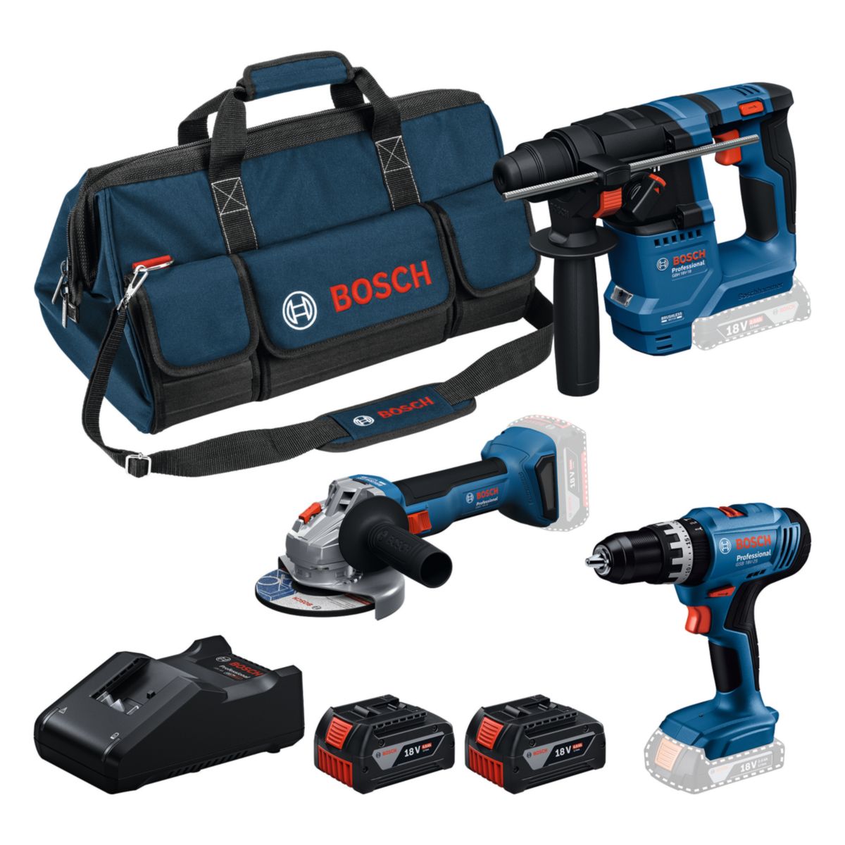 Bosch Professional Combi- Maschinen- Set 18V GSB+GBH+GWS mit 2x Akku und Ladegerät