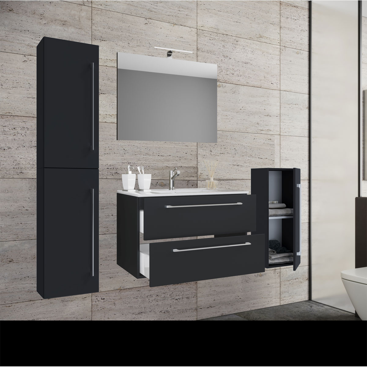 Waschplatz 80 cm 5-teiliges Set 2 Schubfächer mit Spiegel schwarz